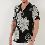 Regular Fit Applique Collar Short Sleeve Patterned Button-Up Shirt // Black + Beige (S)
