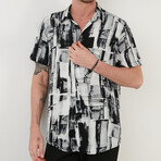 Relaxed Fit Striaght Collar Patterned Short Sleeve Button-Up Shirt // Ecru + Black (S)