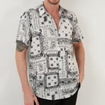 Relaxed Fit Striaght Collar Patterned Short Sleeve Button-Up Shirt // Black + White (L)