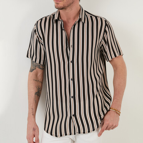 Relaxed Fit Striaght Collar Patterned Short Sleeve Button-Up Shirt // Navy Blue + Camel (S)
