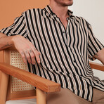Relaxed Fit Striaght Collar Patterned Short Sleeve Button-Up Shirt // Navy Blue + Camel (S)