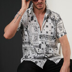 Relaxed Fit Striaght Collar Patterned Short Sleeve Button-Up Shirt // Black + White (XXL)