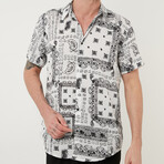 Relaxed Fit Striaght Collar Patterned Short Sleeve Button-Up Shirt // Black + White (S)