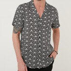 Regular Fit Applique Collar Short Sleeve Patterned Button-Up Shirt // White + Black (L)
