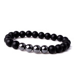 Black Leather + Hematite Natural Stone Bracelet Set // Set of 3