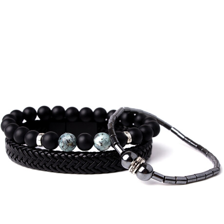Black Straw Knit + Black Blue Glass Beads + Hematite Natural Stone Bracelet Set // Set of 3