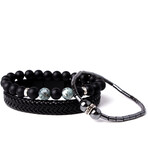 Black Straw Knit + Black Blue Glass Beads + Hematite Natural Stone Bracelet Set // Set of 3
