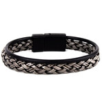 Hematite Pipe + Leather + Onyx Hematite Bracelet Set // Set of 3