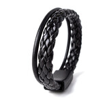 Black Leather + Hematite Natural Stone Bracelet Set // Set of 3