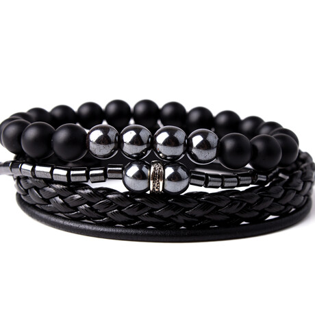 Black Leather + Hematite Natural Stone Bracelet Set // Set of 3