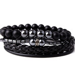 Black Leather + Hematite Natural Stone Bracelet Set // Set of 3