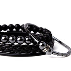 Black Leather + Hematite Natural Stone Bracelet Set // Set of 3