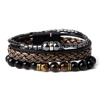 Tiger's Eye + Hematite + Leather Bracelet Set // Set of 3