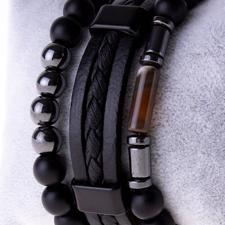 Onyx Hematite + Leather + Agate Tube Onyx Stone Bracelet Set // Set of 3