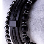 Hematite + Leather + Natural Stone Bracelet Set // Set of 3