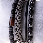 Hematite Pipe + Leather + Onyx Hematite Bracelet Set // Set of 3