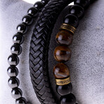 Hematite + Leather + Turtle Eye Natural Stone Bracelet Set // Set of 3
