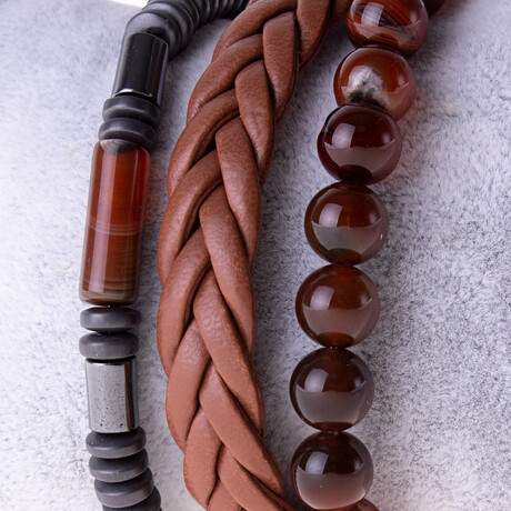 Tubular Hematite + Leather + Agate Stone Bracelet Set // Set of 3