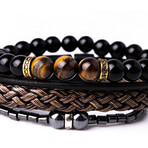 Tiger's Eye + Hematite + Leather Bracelet Set // Set of 3