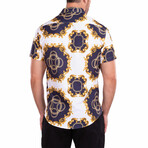 Abstract Geo Print Short-Sleeve Button-Up Shirt // White + Black + Gold (XS)