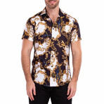 Baroque Motif Short-Sleeve Button-Up Shirt // Black + White + Gold (S)