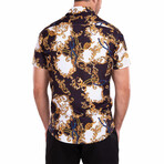Baroque Motif Short-Sleeve Button-Up Shirt // Black + White + Gold (XS)