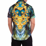 Trippy Leopard Print Short-Sleeve Button-Up Shirt // Black + Green + Gold (XS)