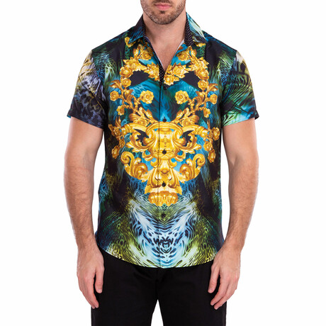 Trippy Leopard Print Short-Sleeve Button-Up Shirt // Black + Green + Gold (XS)