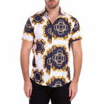 Abstract Geo Print Short-Sleeve Button-Up Shirt // White + Black + Gold (L)