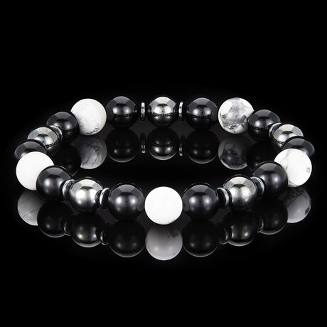 Howlite + Onyx + Magnetic Hematite Stone Stretch Bracelet // 8.5"