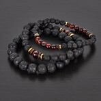 Red Tiger Eye + Lava + Hematite + Wood Bead Stretch Bracelets // Set of 3 // 8"