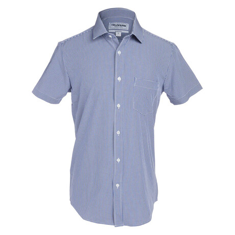 Phenom Classic Plaid Short Sleeve Men's Dress Shirt Slim Cut // Navy Blue Plaid (Medium 16" Neck)