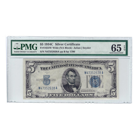 1934C $5 Small Size Silver Certificate // PMG Certified // MS65 EPQ
