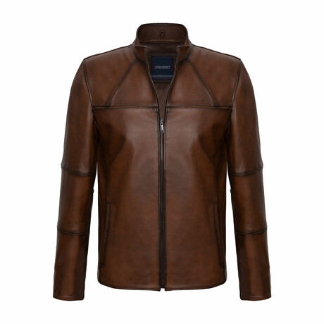 Regular Fit // Contrast Seams Leather Jacket // Chestnut (S)