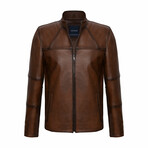 Regular Fit // Contrast Seams Leather Jacket // Chestnut (L)