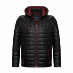 Regular Fit // Hooded Quilted Leather Jacket // Black (L)