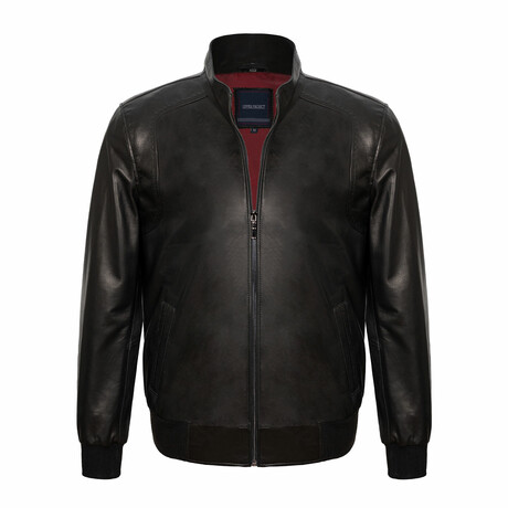 Regular Fit // Mock Neck Bomber Leather Jacket // Black (S)
