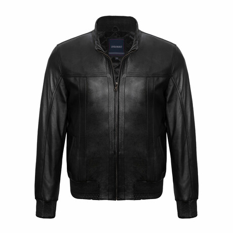 Regular Fit // Mock Neck Leather Jacket // Black (S)