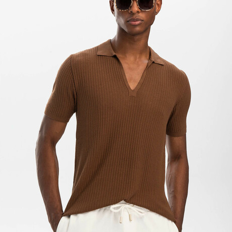 Slim Fit V Neck Polo T-Shirt // Tan (S)