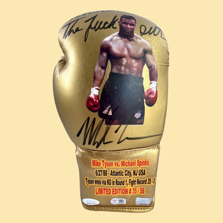 Mike Tyson // Autographed "Tyson Vs." Glove vs. Michael Spinks (#35/58) // "You Got Knocked The F--- Out" Inscription