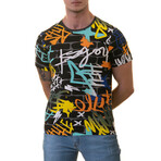 Grafiti Print European T-Shirt // Black + Blue (2XL)