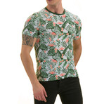 Floral + Leaves Printed European T-Shirt // Peach + Green (XL)