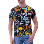 Grafiti Print European T-Shirt // Black + Blue (XL)