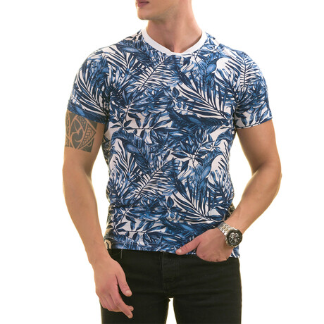 Hawaiian Print European T-Shirt // Blue + White (S)