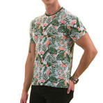 Floral + Leaves Printed European T-Shirt // Peach + Green (XL)