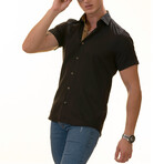 Short Sleeve Button Up Shirt // Black + Gold Honeycomb (S)