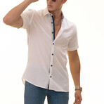 Short Sleeve Button Up Shirt // White + Blue Paisley (L)