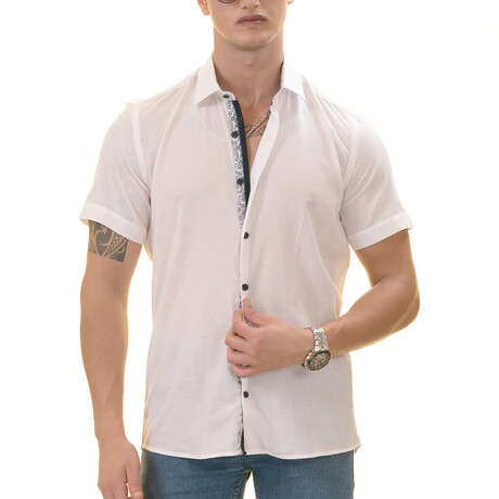 Short Sleeve Button Up Shirt // White + Blue Paisley (S)