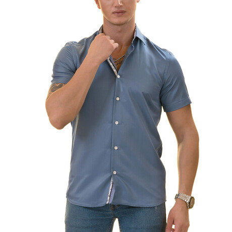 Short Sleeve Button Up Shirt // Blue + Floral (L)