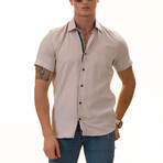 Short Sleeve Button Up Shirt // Gray + Blue Polka Dot (L)